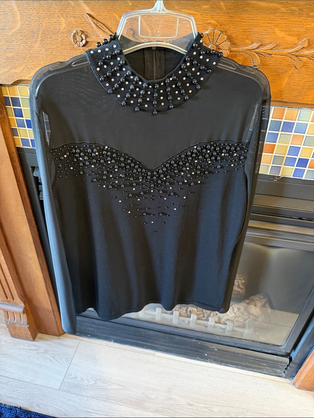Beaded Mock Neck Black Women’s Blouse